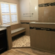 Walk-in tiled shower with bench and mosaic floor